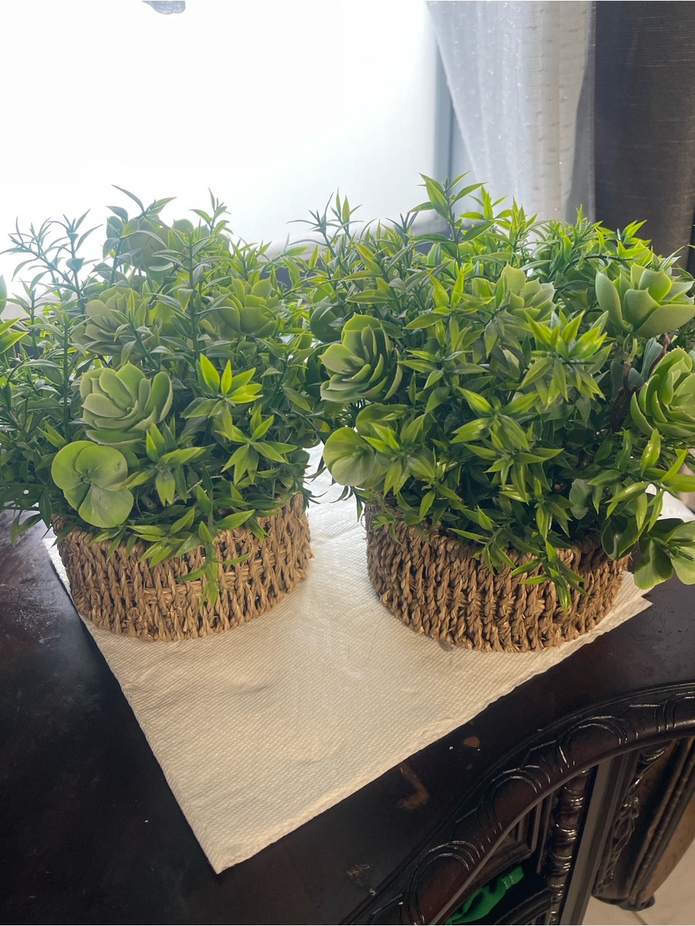 Artificial Greenery Duo in Woven Basket Planters - Green